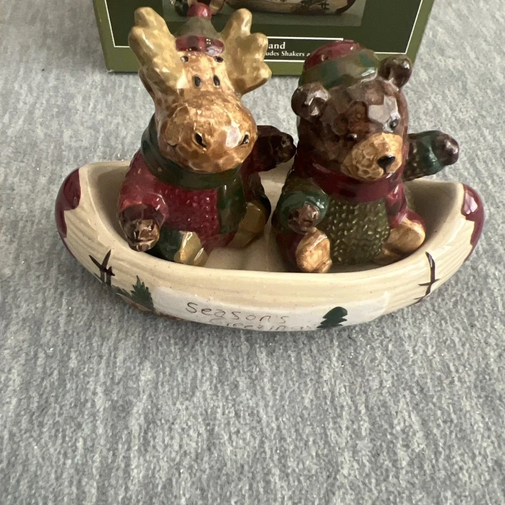 St. Nicholas Square Heartland Salt‎ & Pepper Set Bear Reindeer Rustic Ceramic